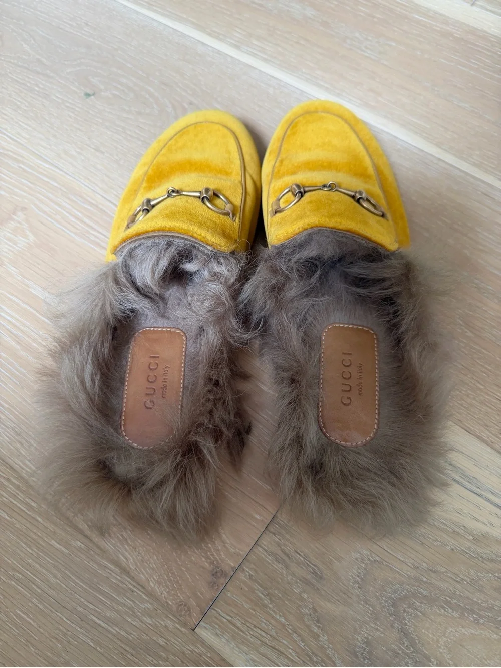 Gucci Mustard Yellow Velvet Horsebit Fur-Trim Mules